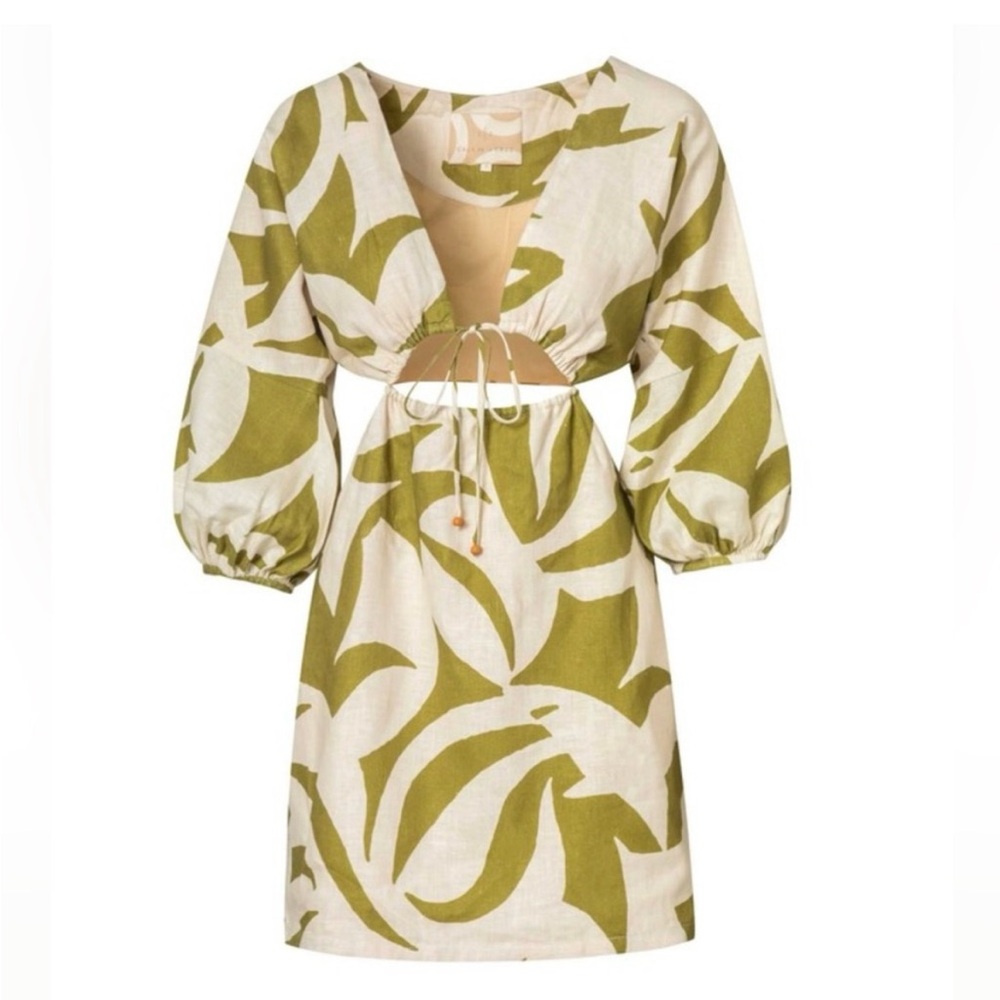 Tropical Leaf Print Mini Dress in Olive and Cream